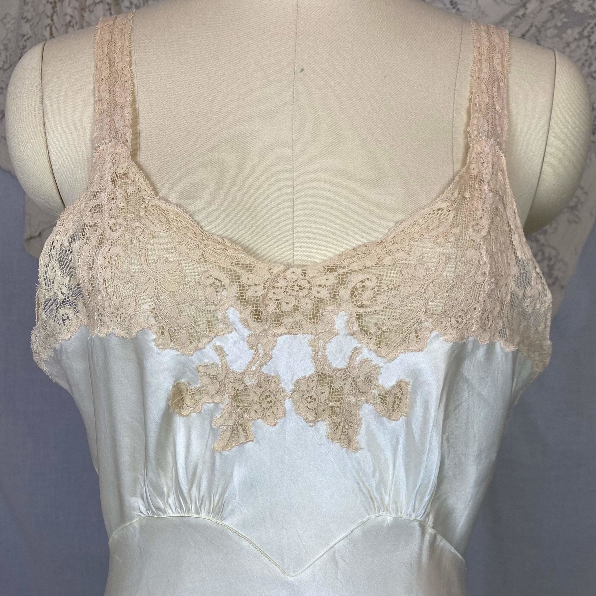 Vintage 1940's Slip | Pearly White Rayon Satin with Ivory Lace | Size 32 Bust, XS | Fischer Heavenly Lingerie - Daggers & Dames