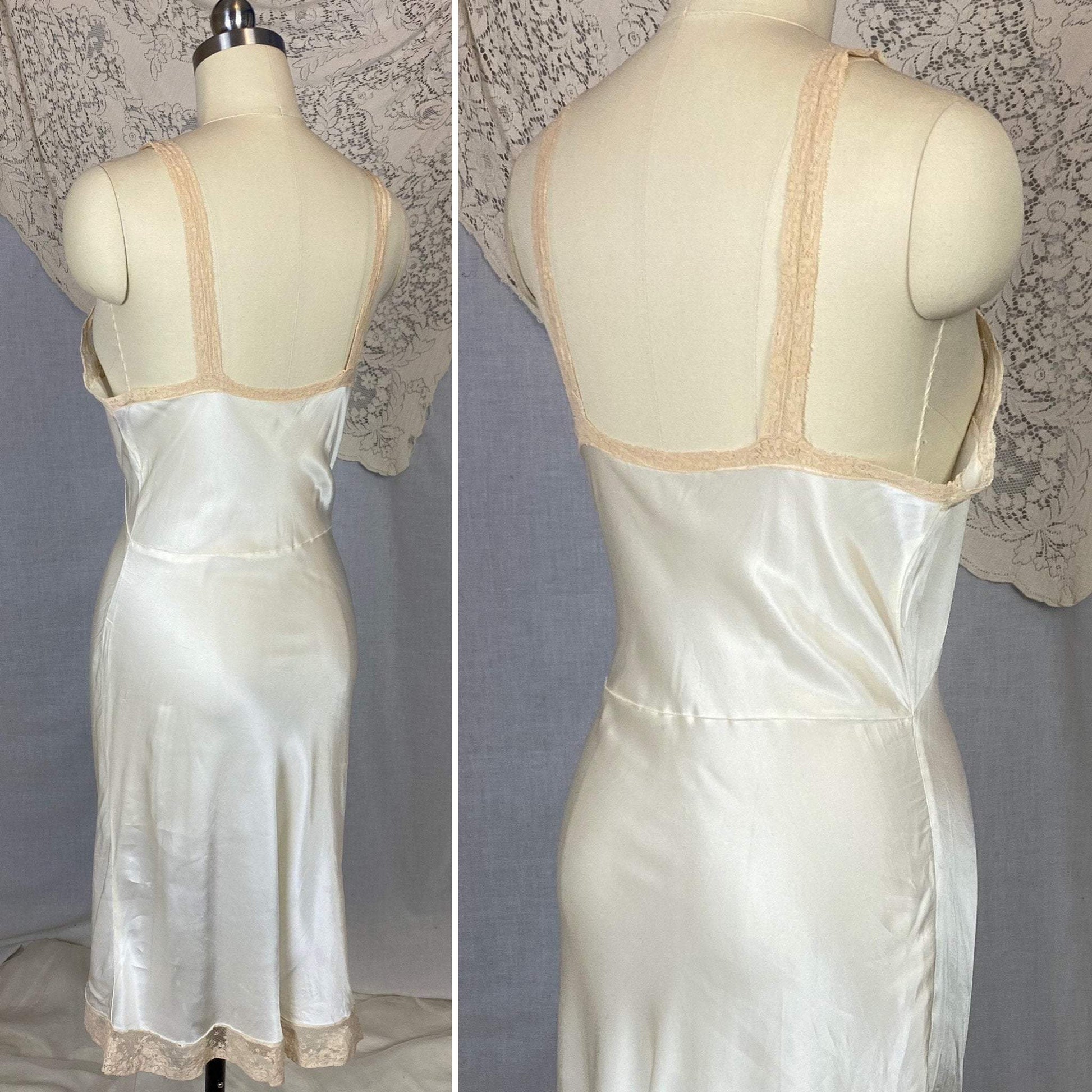 Vintage 1940's Slip | Pearly White Rayon Satin with Ivory Lace | Size 32 Bust, XS | Fischer Heavenly Lingerie - Daggers & Dames