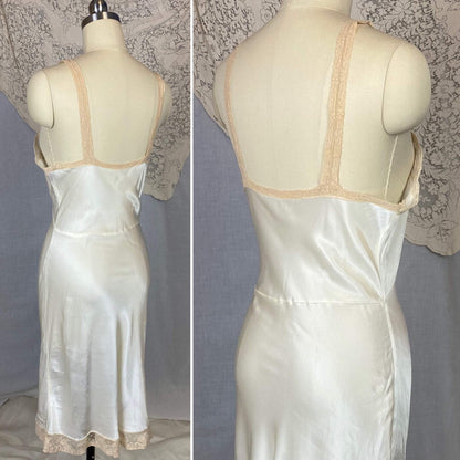 Vintage 1940's Slip | Pearly White Rayon Satin with Ivory Lace | Size 32 Bust, XS | Fischer Heavenly Lingerie - Daggers & Dames