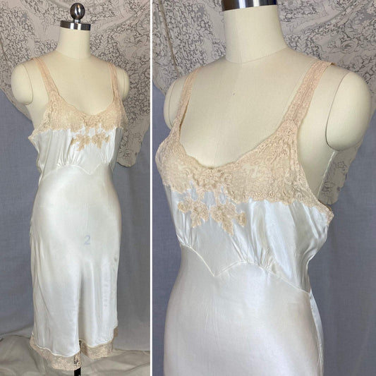Vintage 1940's Slip | Pearly White Rayon Satin with Ivory Lace | Size 32 Bust, XS | Fischer Heavenly Lingerie - Daggers & Dames