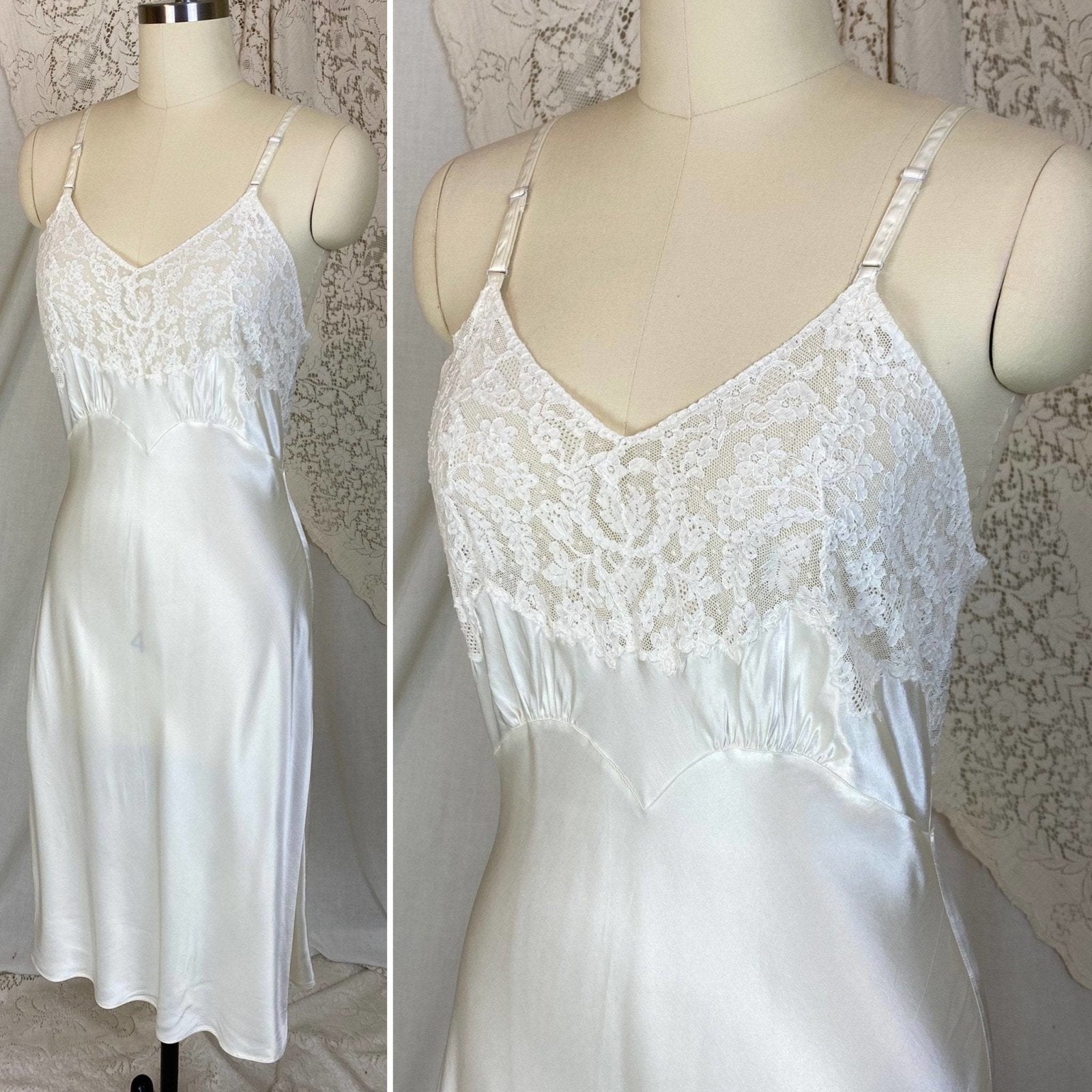 Vintage 1940's Slip | Pearly White Rayon Satin with Pale Ivory Cotton Lace | Size S, M | Fischer Heavenly Lingerie - Daggers & Dames