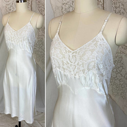 Vintage 1940's Slip | Pearly White Rayon Satin with Pale Ivory Cotton Lace | Size S, M | Fischer Heavenly Lingerie - Daggers & Dames