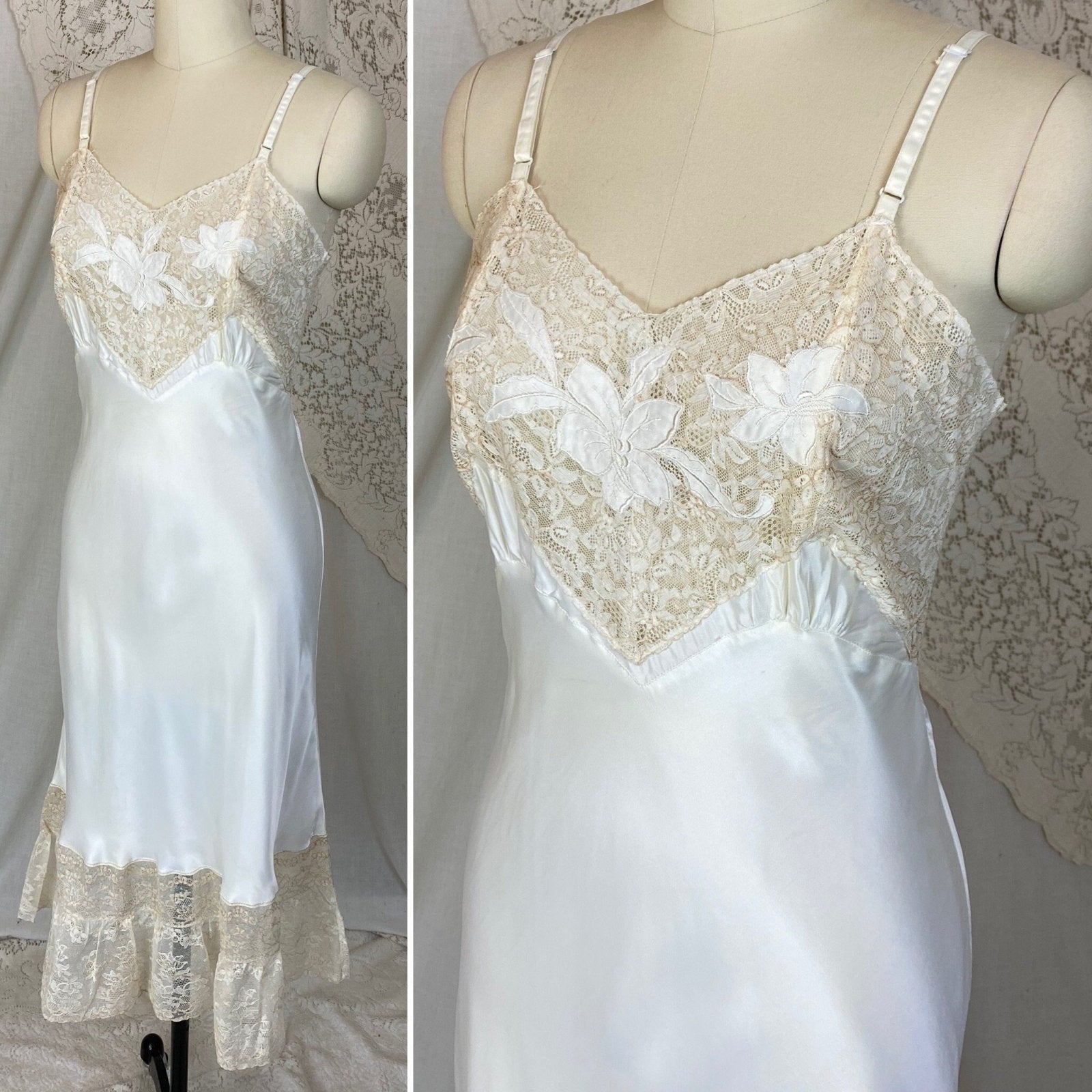 Vintage 1940's Slip | Pearly White Rayon Satin with Warm Nude Cotton Lace & Floral Appliques | Size S, M | Perlcrest -Never Worn - Daggers & Dames