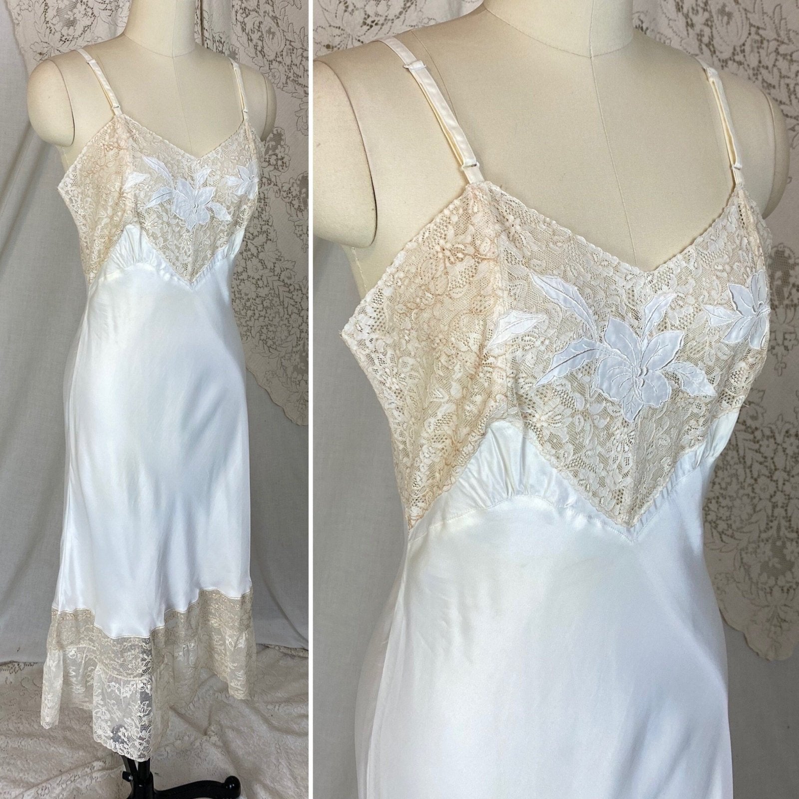 Vintage 1940's Slip | Pearly White Rayon Satin with Warm Nude Cotton Lace & Floral Appliques | Size S, M | Perlcrest -Never Worn - Daggers & Dames