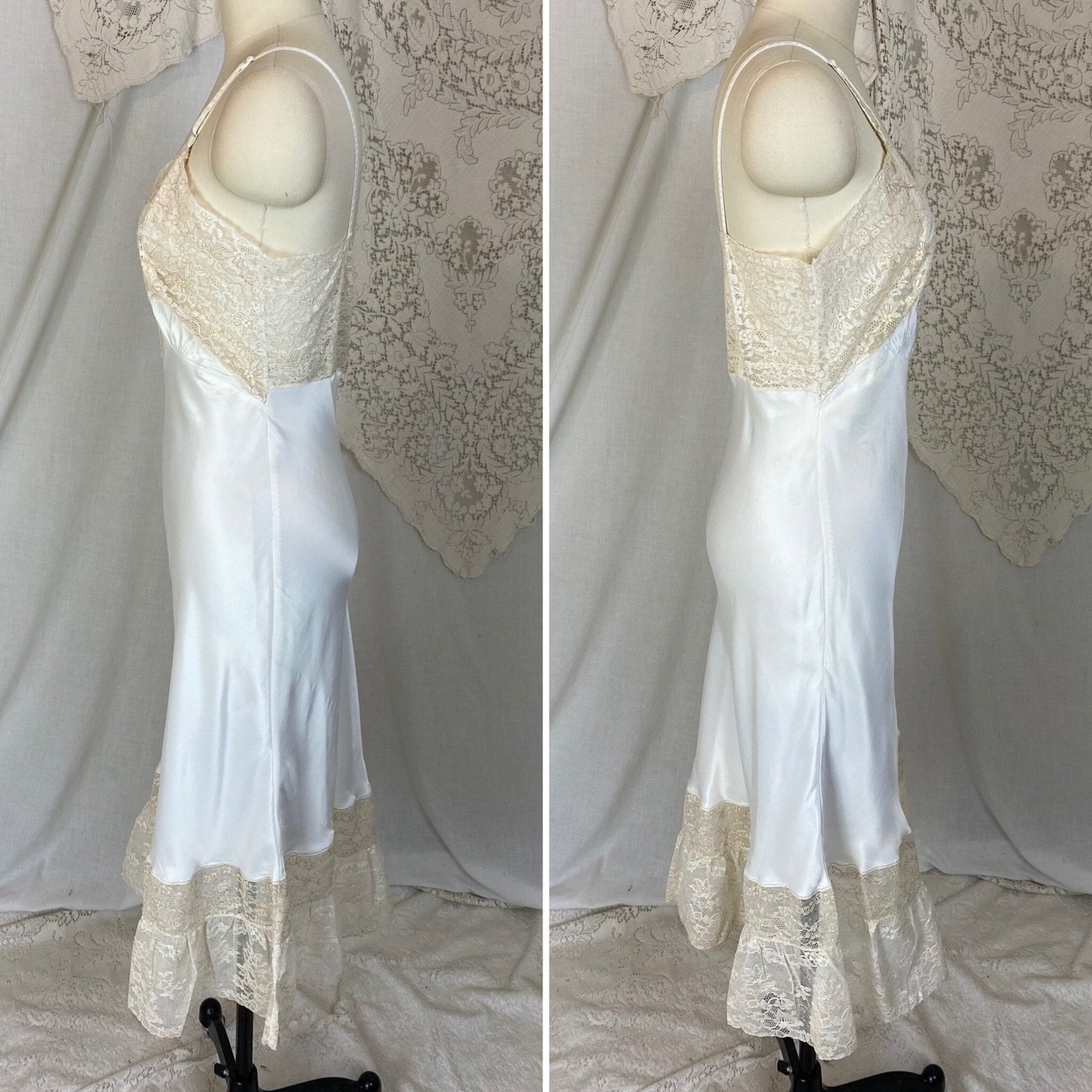 Vintage 1940's Slip | Pearly White Rayon Satin with Warm Nude Cotton Lace & Floral Appliques | Size S, M | Perlcrest -Never Worn - Daggers & Dames