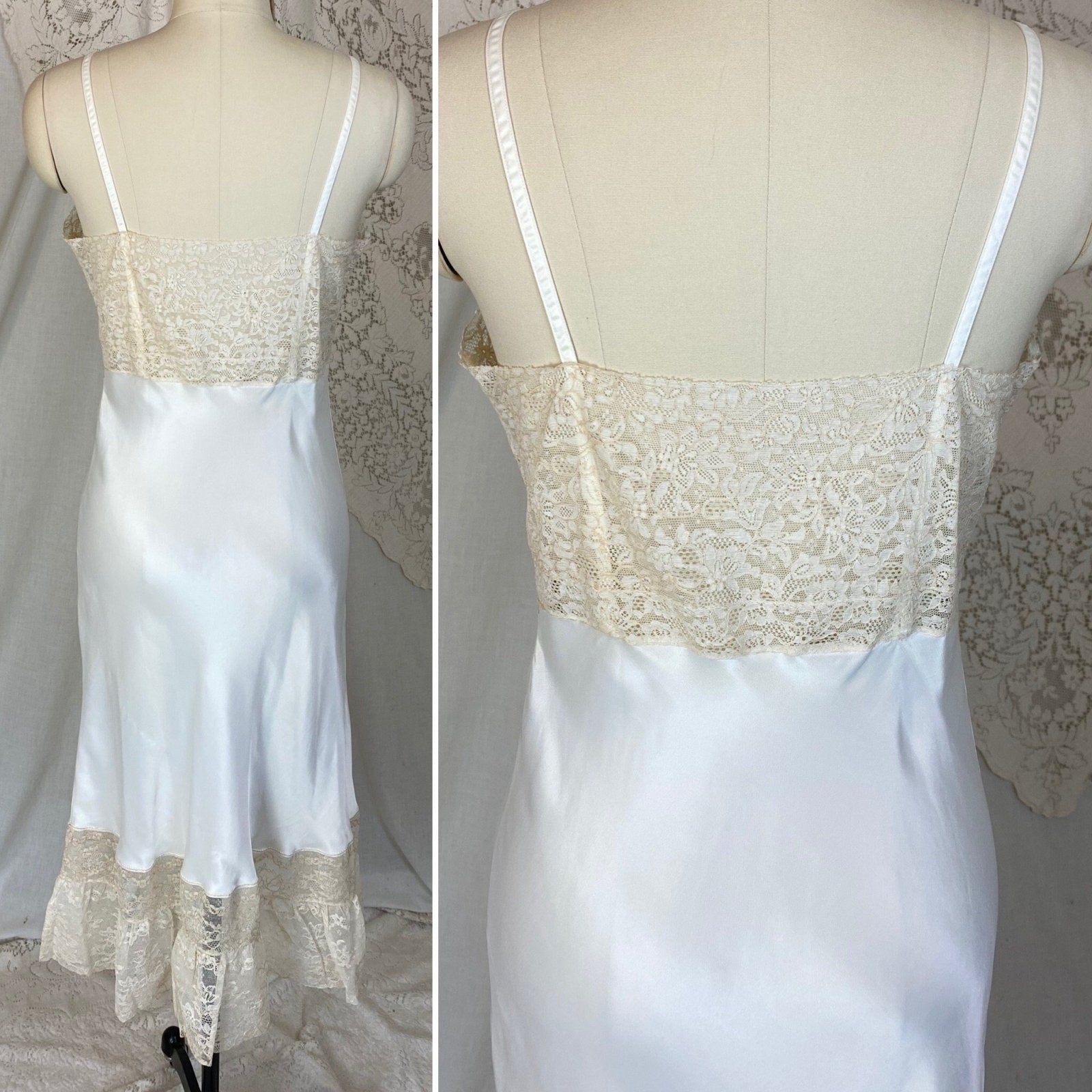 Vintage 1940's Slip | Pearly White Rayon Satin with Warm Nude Cotton Lace & Floral Appliques | Size S, M | Perlcrest -Never Worn - Daggers & Dames