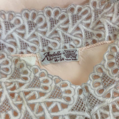 Vintage 1940's Slip | Powder Pink Rayon Satin with Embroidered Cutout Lace | Radelle | Size XS - Daggers & Dames
