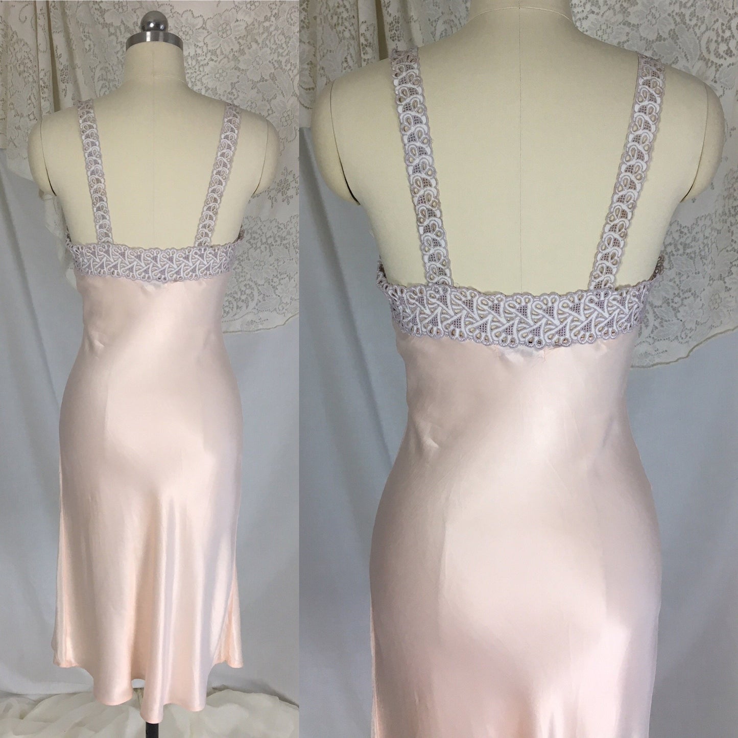 Vintage 1940's Slip | Powder Pink Rayon Satin with Embroidered Cutout Lace | Radelle | Size XS - Daggers & Dames