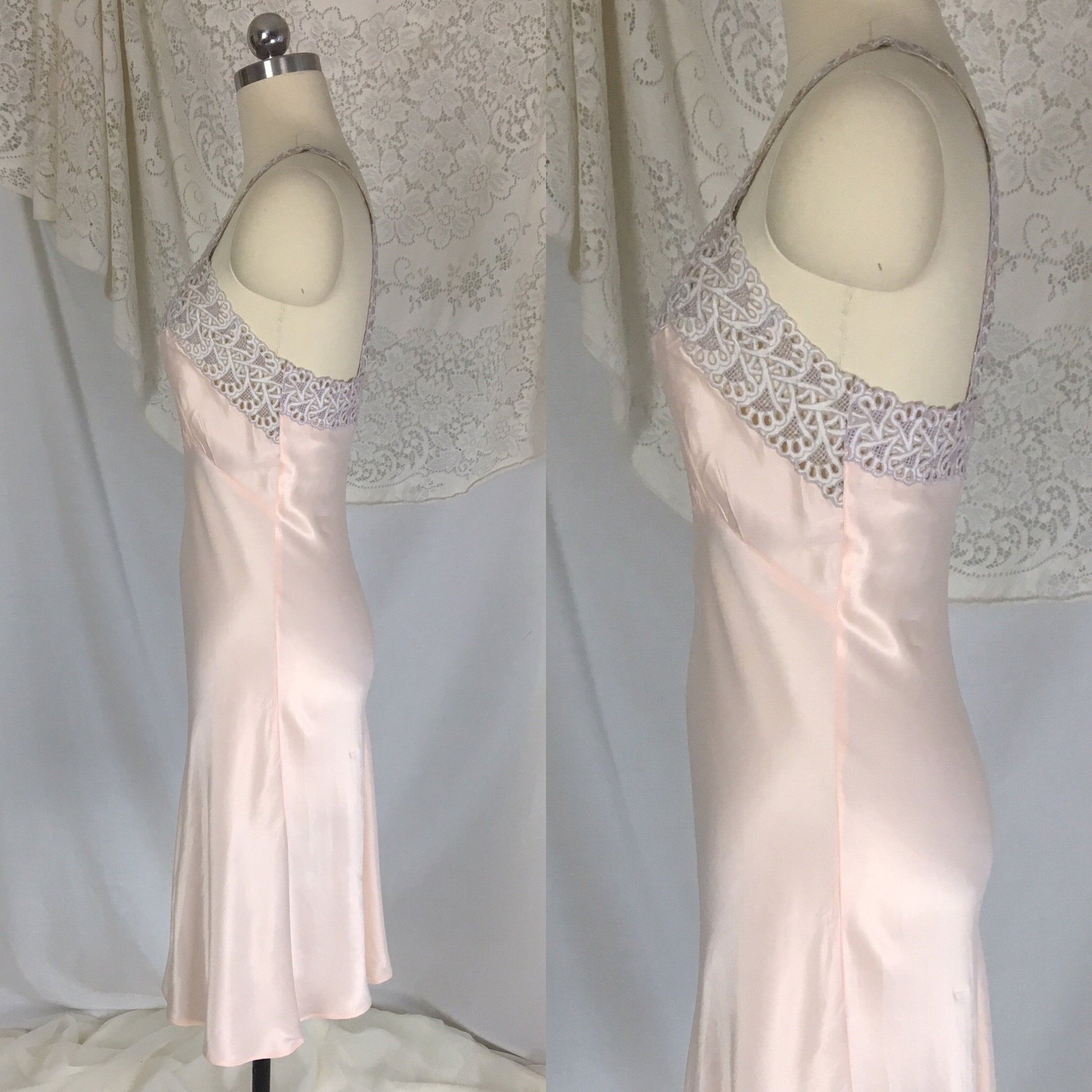 Vintage 1940's Slip | Powder Pink Rayon Satin with Embroidered Cutout Lace | Radelle | Size XS - Daggers & Dames