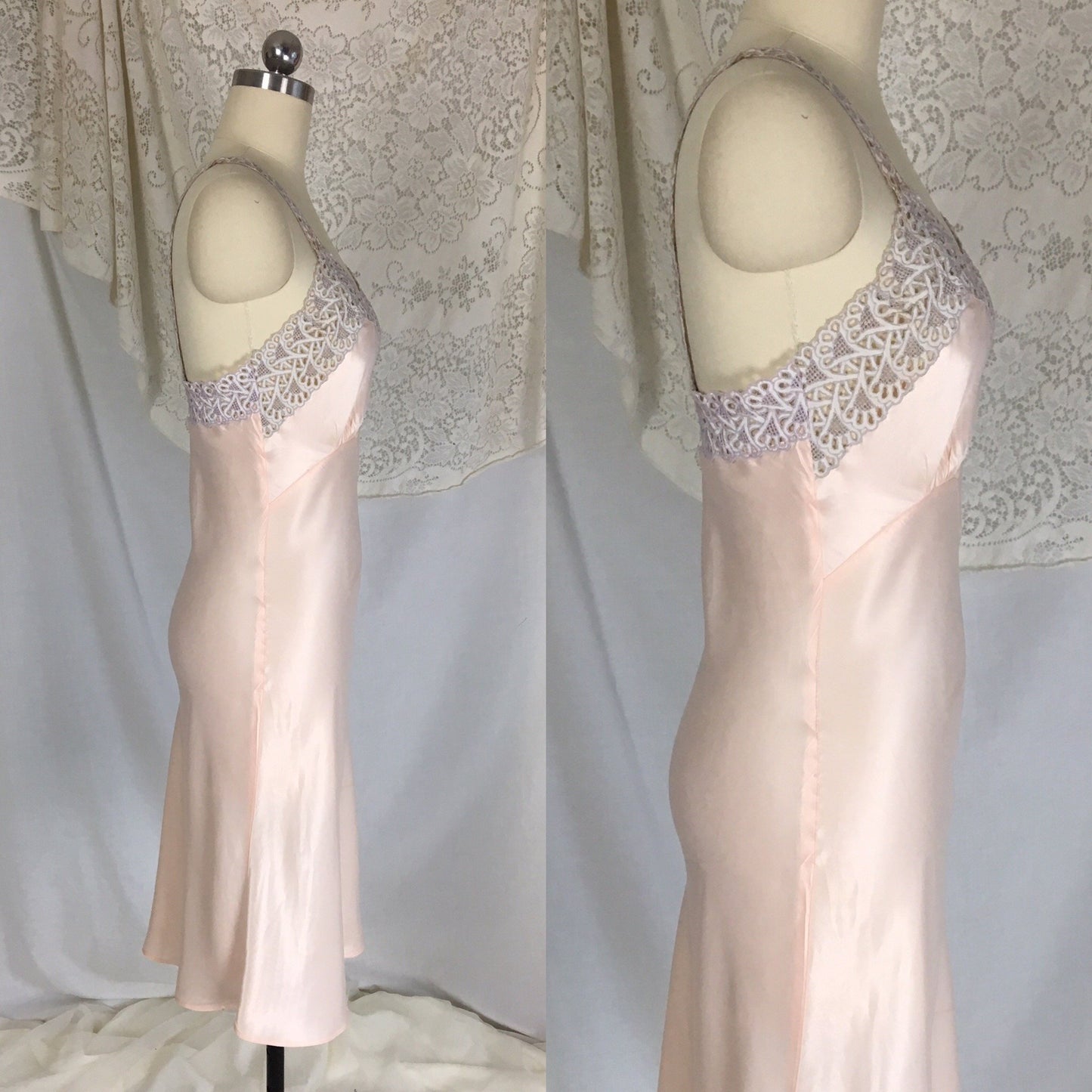 Vintage 1940's Slip | Powder Pink Rayon Satin with Embroidered Cutout Lace | Radelle | Size XS - Daggers & Dames