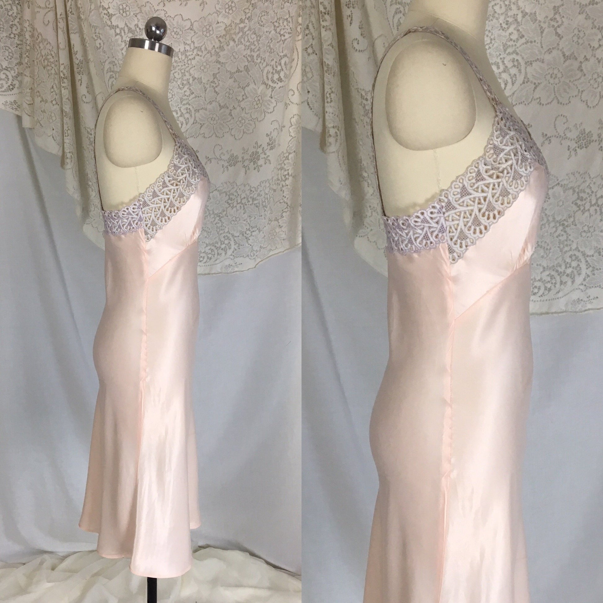 Vintage 1940's Slip | Powder Pink Rayon Satin with Embroidered Cutout Lace | Radelle | Size XS - Daggers & Dames