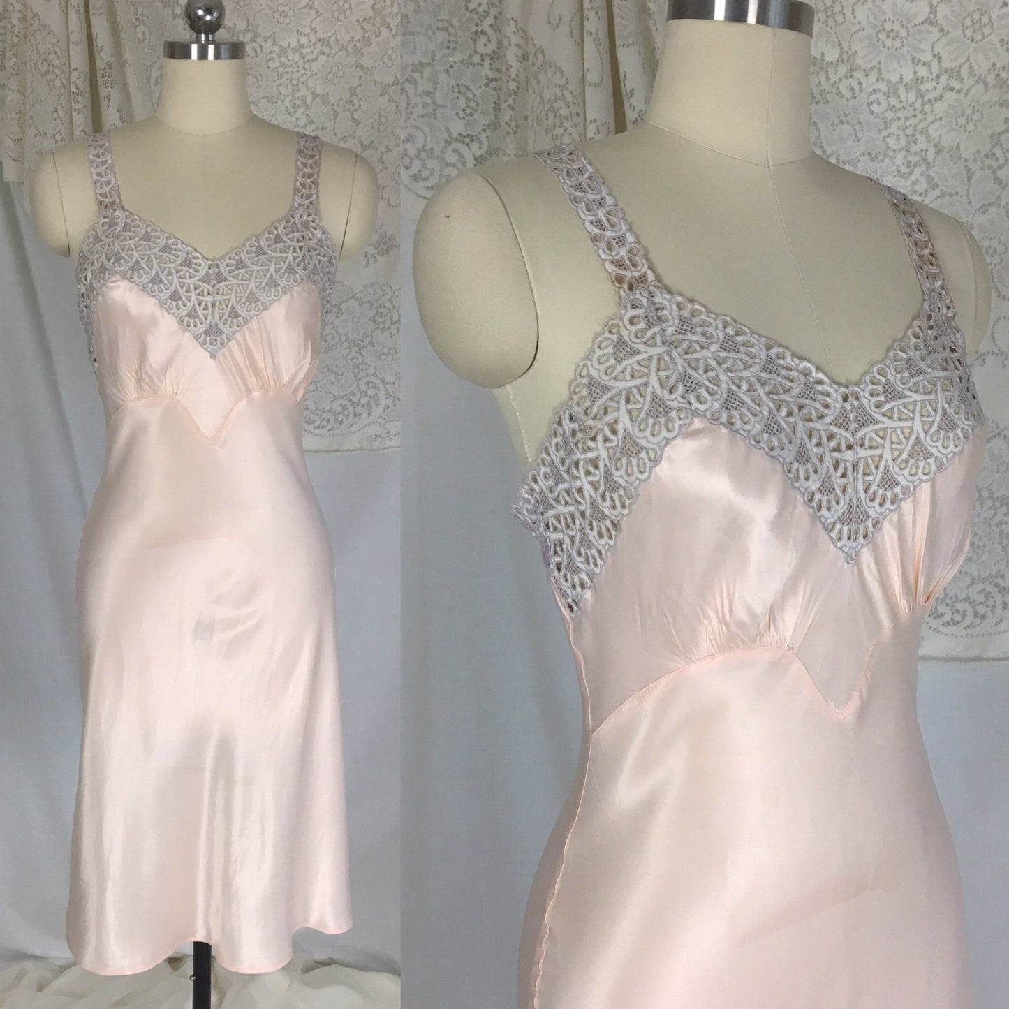 Vintage 1940's Slip | Powder Pink Rayon Satin with Embroidered Cutout Lace | Radelle | Size XS - Daggers & Dames