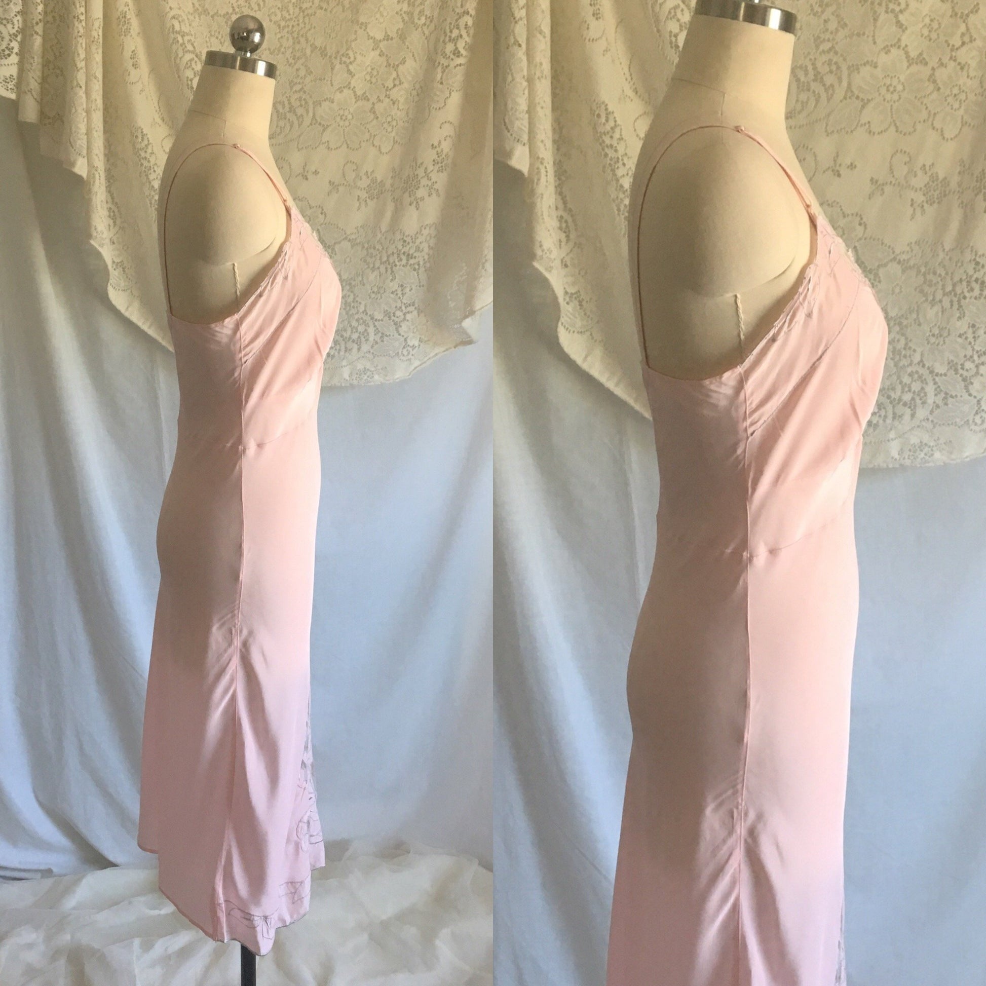 Vintage 1940's Slip | Powder Pink Rayon with Tulle Inserts & Embroidery | Femicraft | Size S - Daggers & Dames