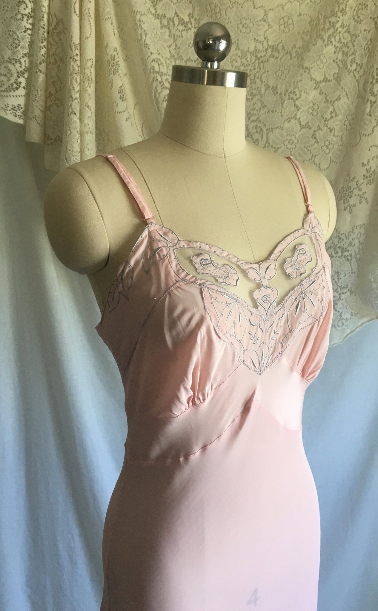 Vintage 1940's Slip | Powder Pink Rayon with Tulle Inserts & Embroidery | Femicraft | Size S - Daggers & Dames
