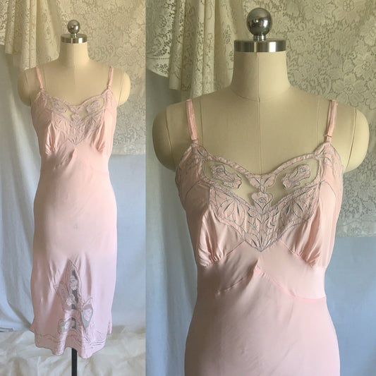 Vintage 1940's Slip | Powder Pink Rayon with Tulle Inserts & Embroidery | Femicraft | Size S - Daggers & Dames