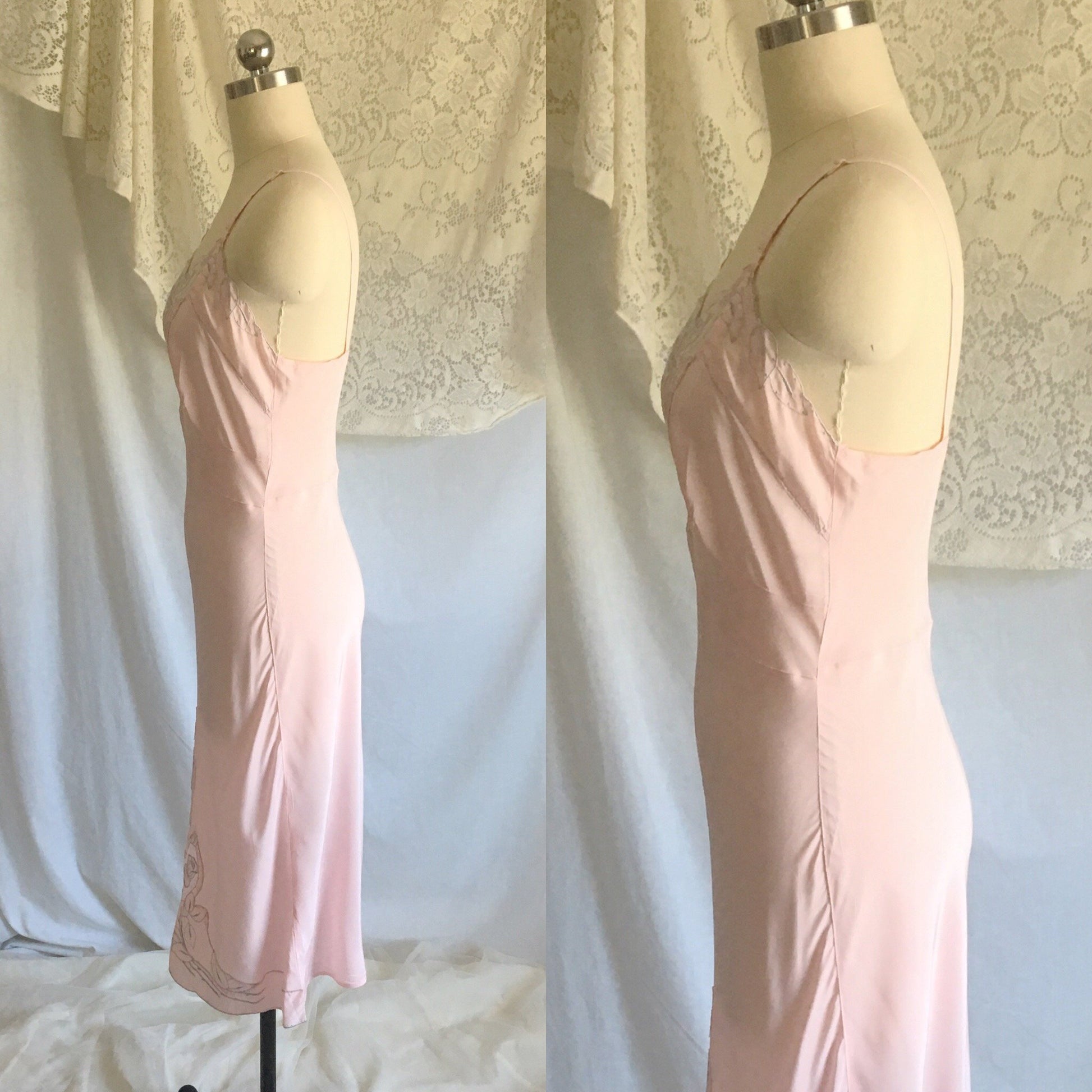 Vintage 1940's Slip | Powder Pink Rayon with Tulle Inserts & Embroidery | Femicraft | Size S - Daggers & Dames