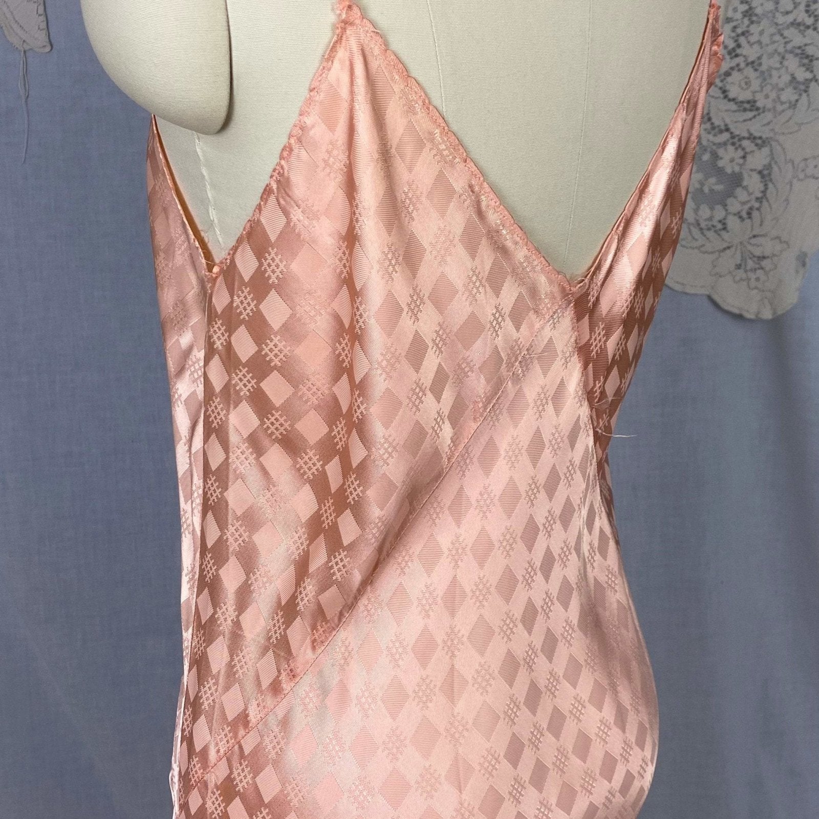 Vintage 1940's Slip | Rich Blush Pink Rayon Satin with Geometric Damask | Size M, LG | Never Worn - Daggers & Dames