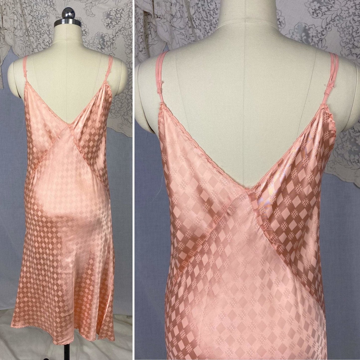 Vintage 1940's Slip | Rich Blush Pink Rayon Satin with Geometric Damask | Size M, LG | Never Worn - Daggers & Dames
