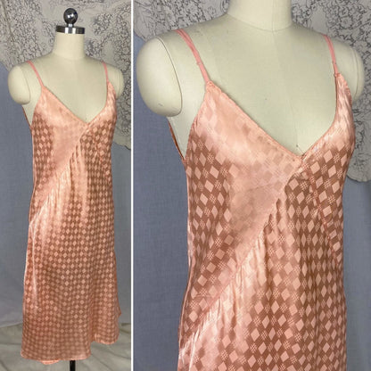 Vintage 1940's Slip | Rich Blush Pink Rayon Satin with Geometric Damask | Size M, LG | Never Worn - Daggers & Dames