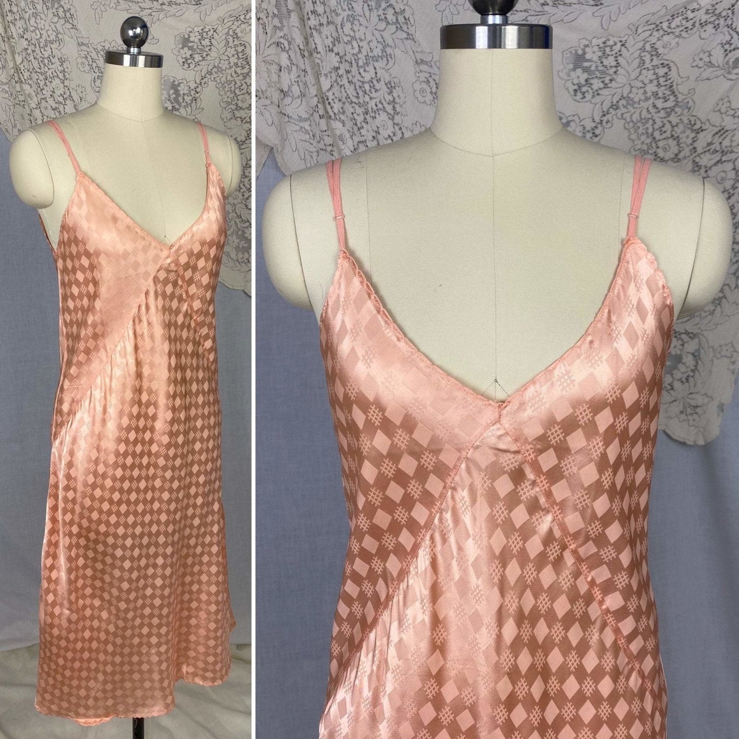 Vintage 1940's Slip | Rich Blush Pink Rayon Satin with Geometric Damask | Size M, LG | Never Worn - Daggers & Dames