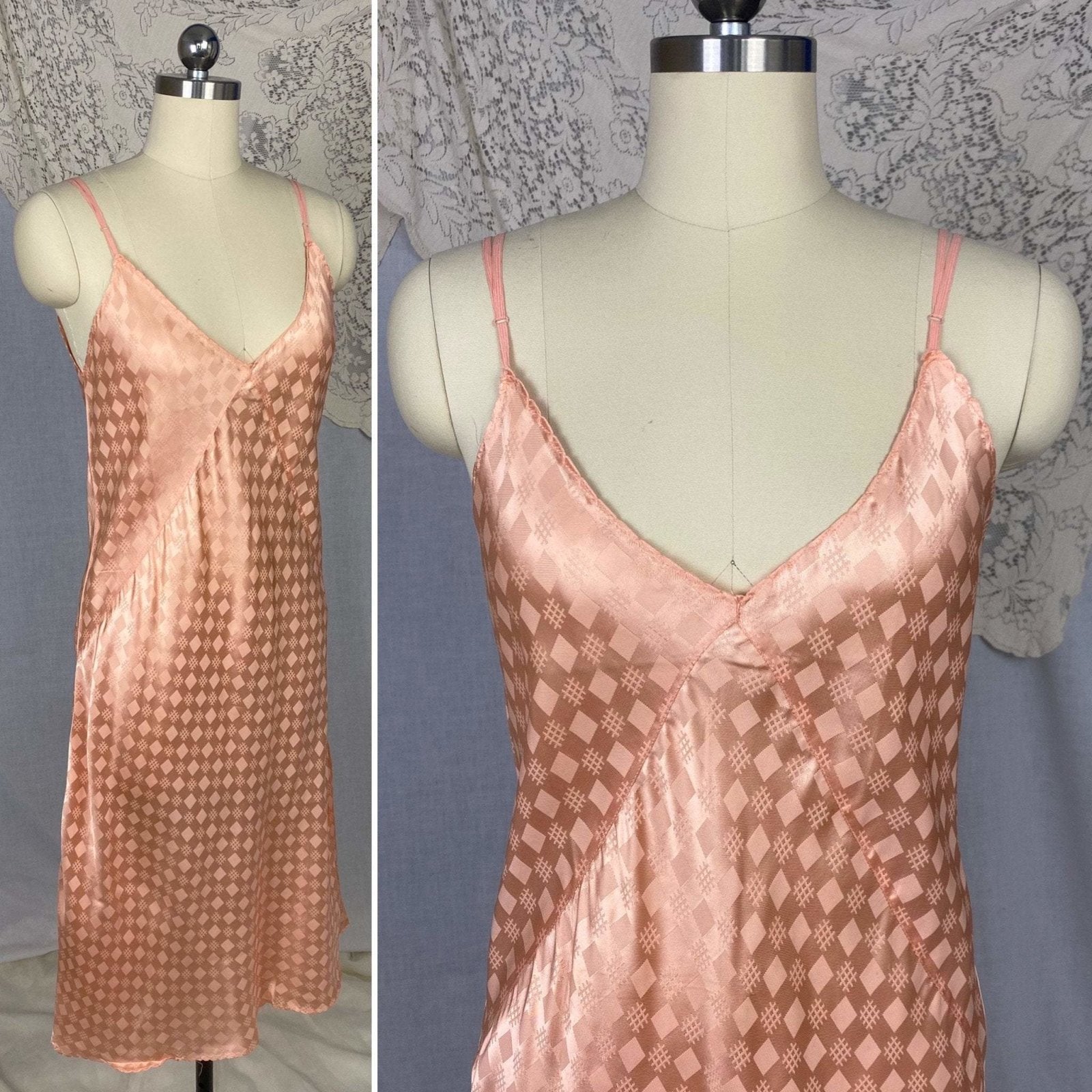 Vintage 1940's Slip | Rich Blush Pink Rayon Satin with Geometric Damask | Size M, LG | Never Worn - Daggers & Dames