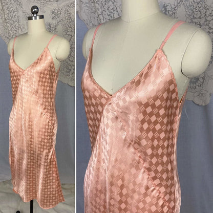Vintage 1940's Slip | Rich Blush Pink Rayon Satin with Geometric Damask | Size M, LG | Never Worn - Daggers & Dames