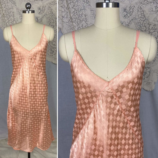 Vintage 1940's Slip | Rich Blush Pink Rayon Satin with Geometric Damask | Size M, LG | Never Worn - Daggers & Dames