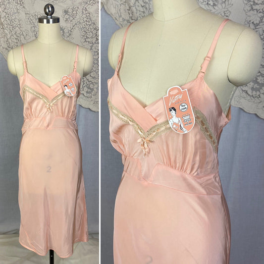 Vintage 1940's Slip | Rich Blush Pink Rayon with Nude Lace | Size 34 Bust, S | Tru-Form, New with Tags - Daggers & Dames