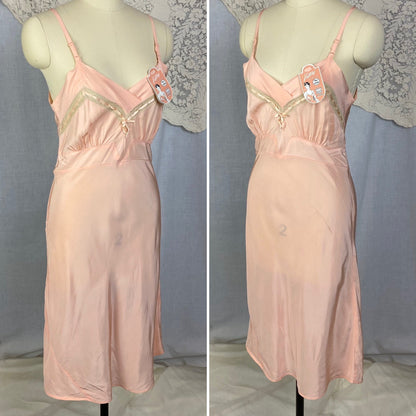 Vintage 1940's Slip | Rich Blush Pink Rayon with Nude Lace | Size 34 Bust, S | Tru-Form, New with Tags - Daggers & Dames
