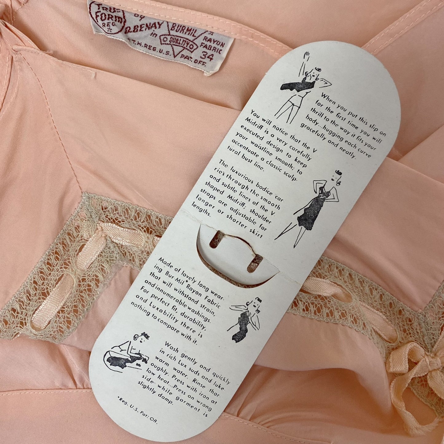 Vintage 1940's Slip | Rich Blush Pink Rayon with Nude Lace | Size 34 Bust, S | Tru-Form, New with Tags - Daggers & Dames