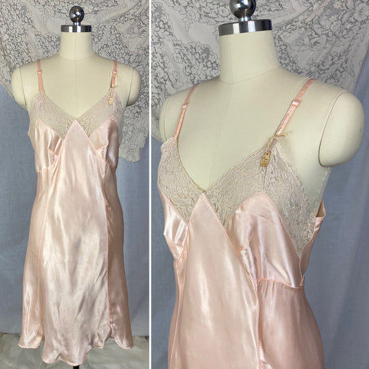 Vintage 1940's Slip | Rose Gold Pink Rayon Satin with Lace | Size M/LG | ChamaLea -New with Tag - Daggers & Dames