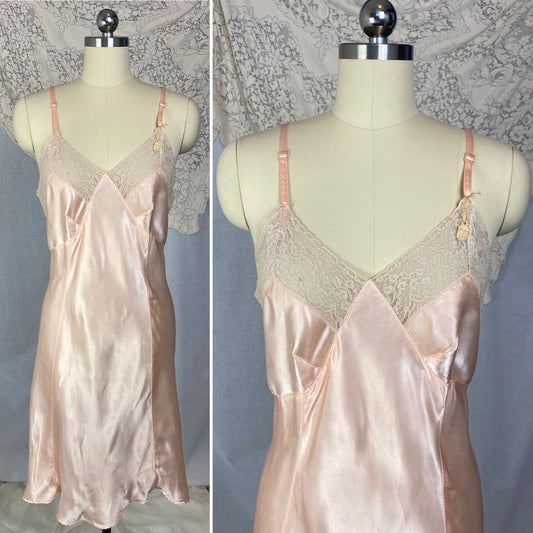 Vintage 1940's Slip | Rose Gold Pink Rayon Satin with Lace | Size M/LG | ChamaLea -New with Tag - Daggers & Dames