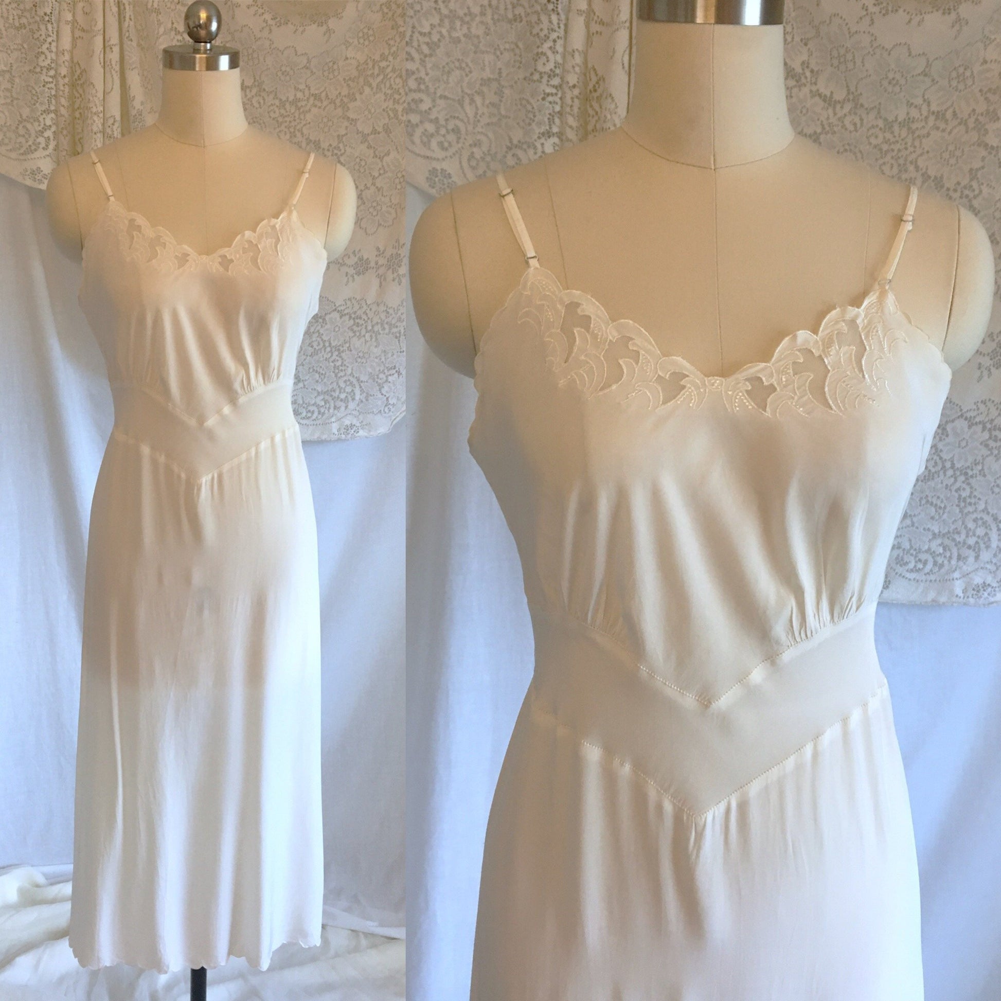 Vintage 1940's Slip | Sheer White Rayon with Tulle Inserts & Filigree Embroidery | Laros | Size XS - Daggers & Dames