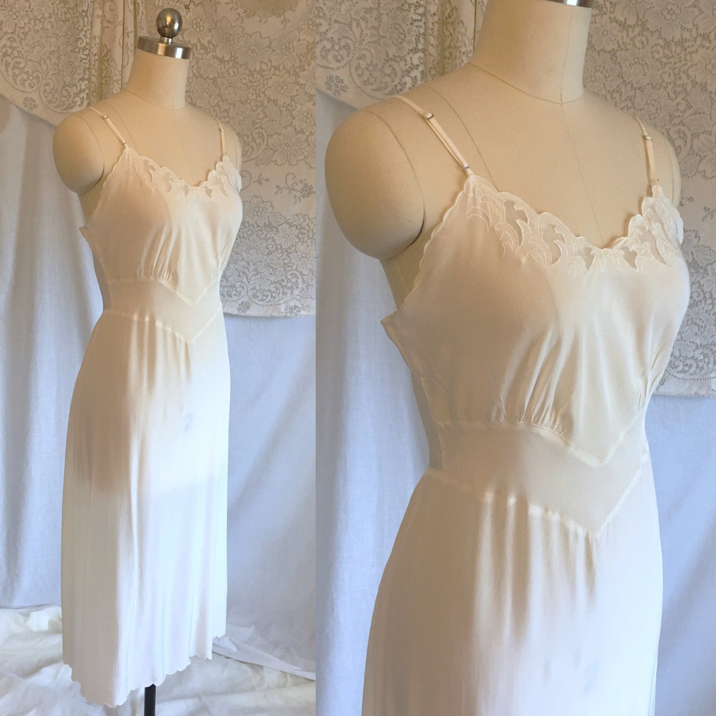 Vintage 1940's Slip | Sheer White Rayon with Tulle Inserts & Filigree Embroidery | Laros | Size XS - Daggers & Dames