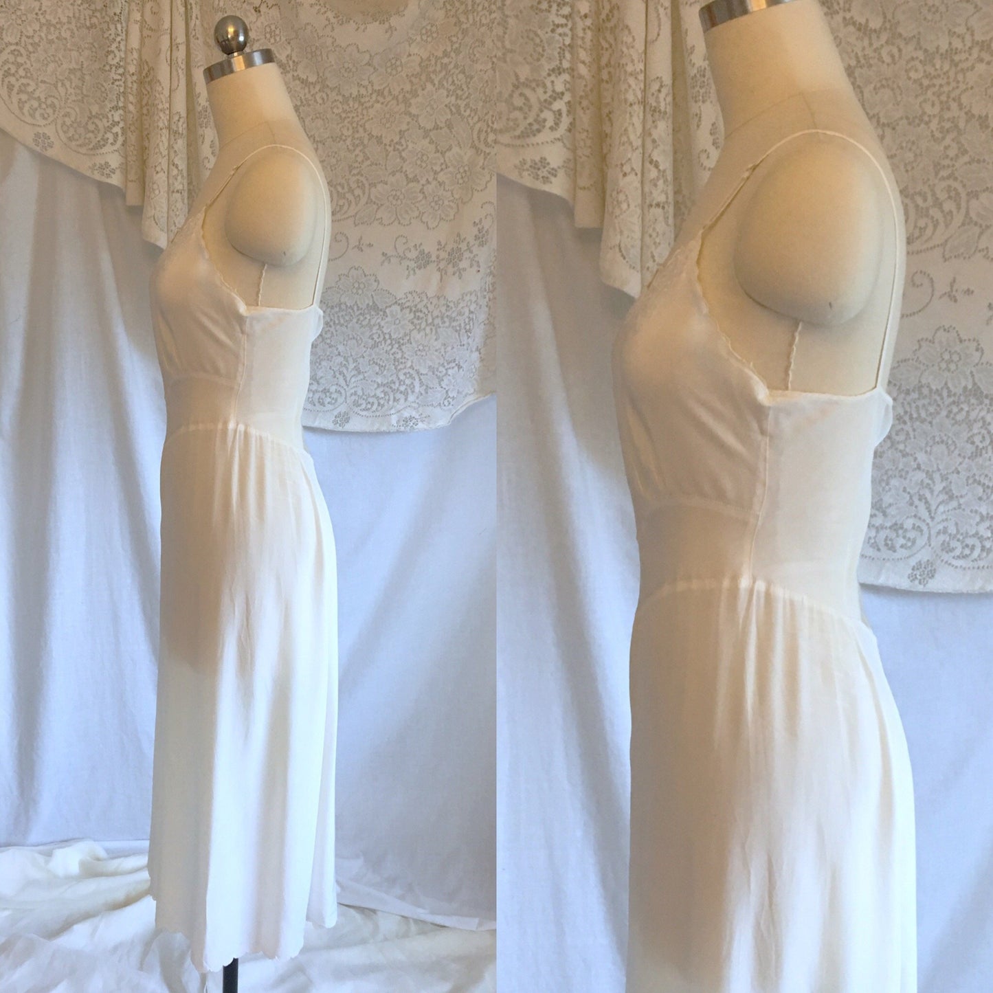 Vintage 1940's Slip | Sheer White Rayon with Tulle Inserts & Filigree Embroidery | Laros | Size XS - Daggers & Dames