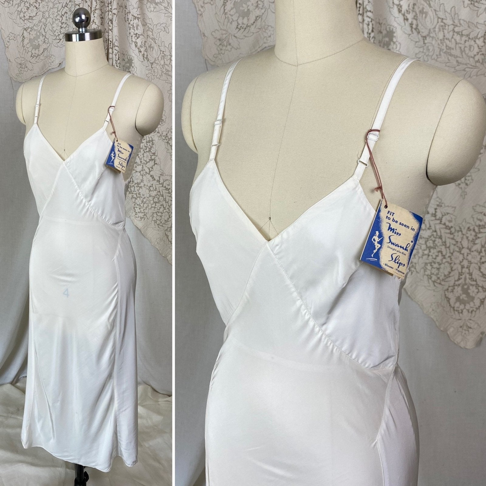 Vintage 1940's Slip | Silky White Rayon | Size S | Miss Swank New with Tags - Daggers & Dames