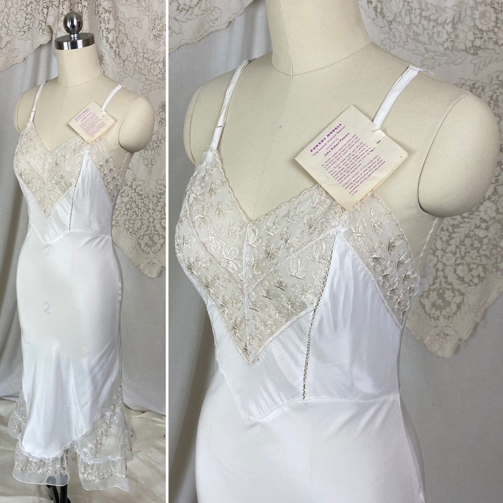 Vintage 1940's Slip | White Rayon with Butterfly Embroidered Chiffon & Ruffles | Size XS | Powers Mode New with Tags - Daggers & Dames