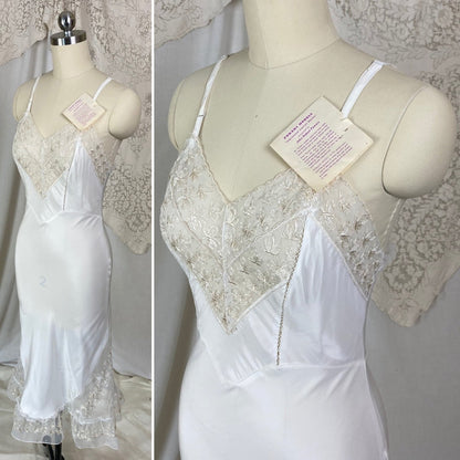 Vintage 1940's Slip | White Rayon with Butterfly Embroidered Chiffon & Ruffles | Size XS | Powers Mode New with Tags - Daggers & Dames