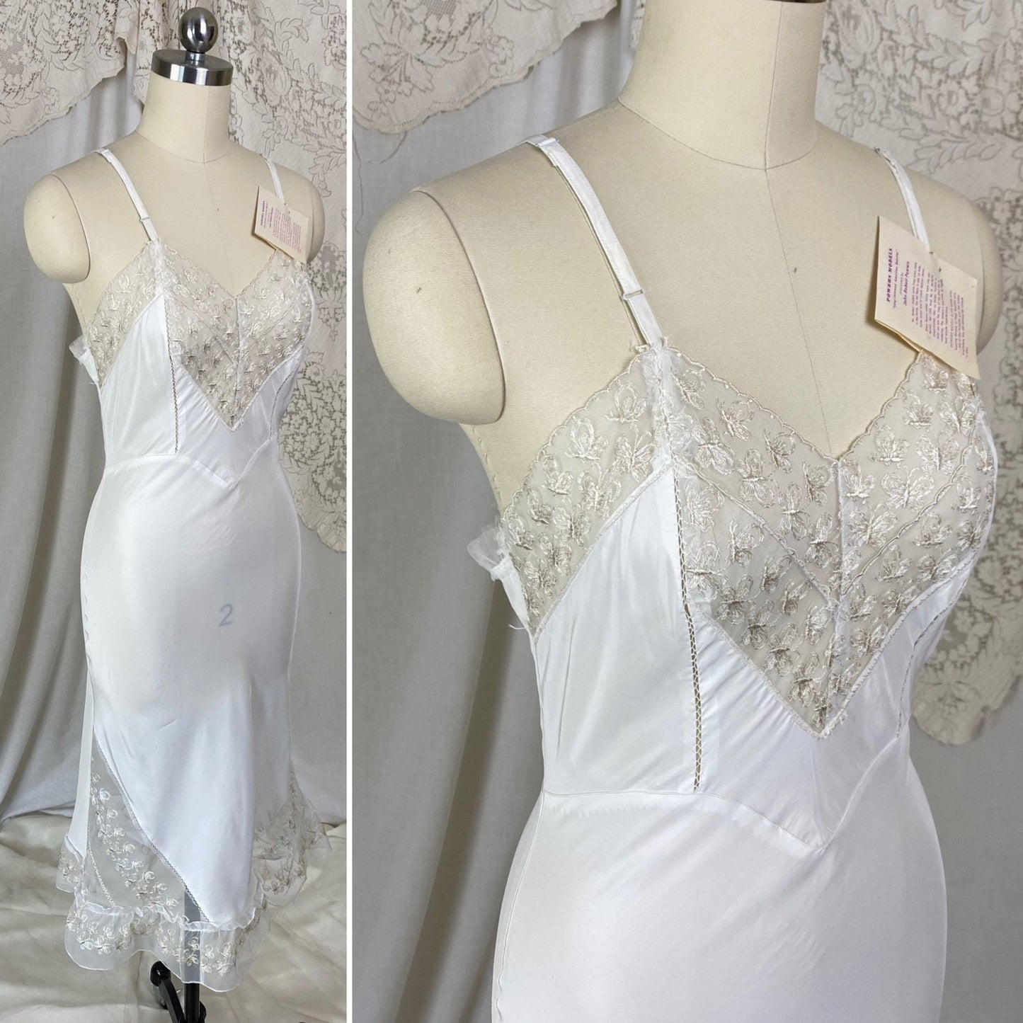 Vintage 1940's Slip | White Rayon with Butterfly Embroidered Chiffon & Ruffles | Size XS | Powers Mode New with Tags - Daggers & Dames