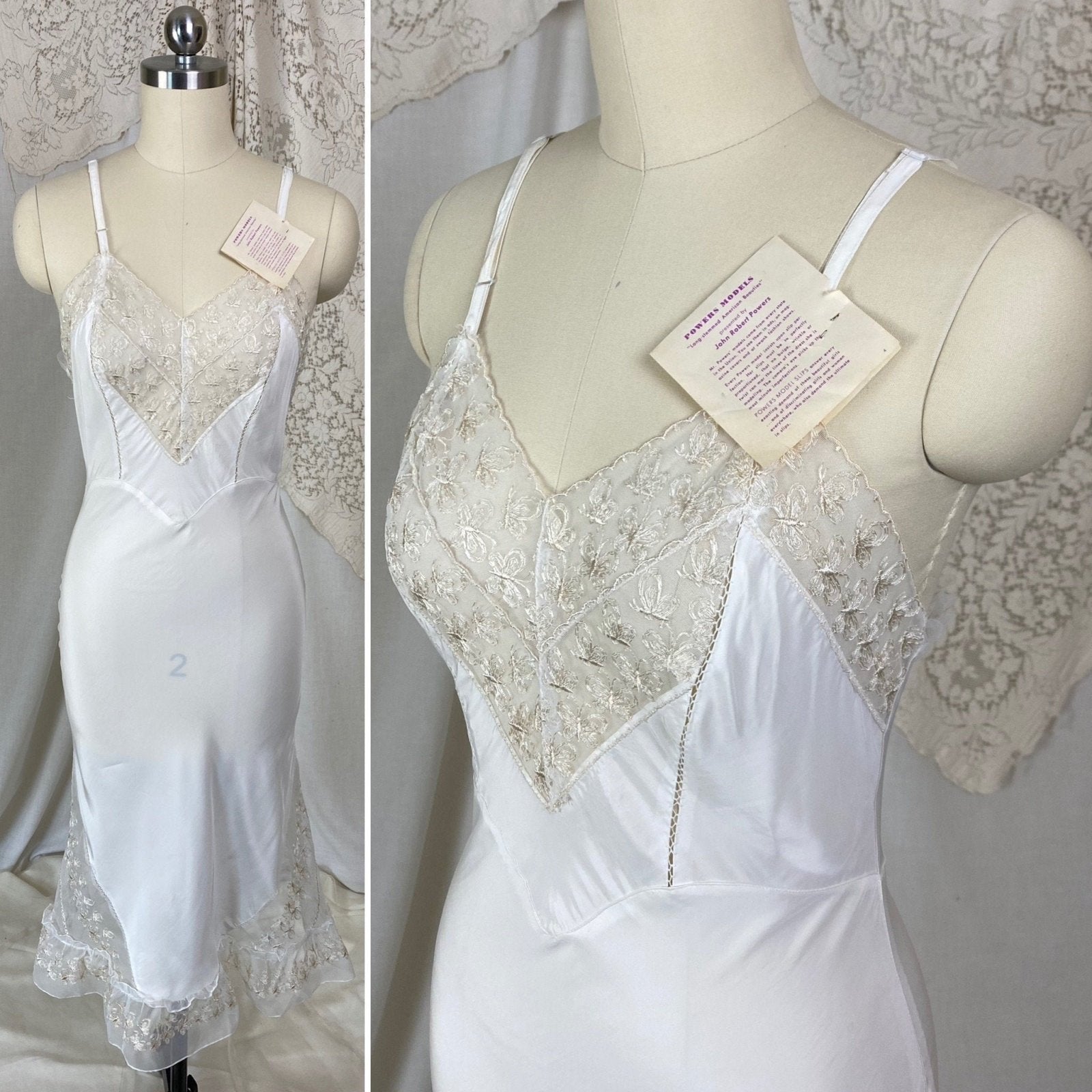 Vintage 1940's Slip | White Rayon with Butterfly Embroidered Chiffon & Ruffles | Size XS | Powers Mode New with Tags - Daggers & Dames