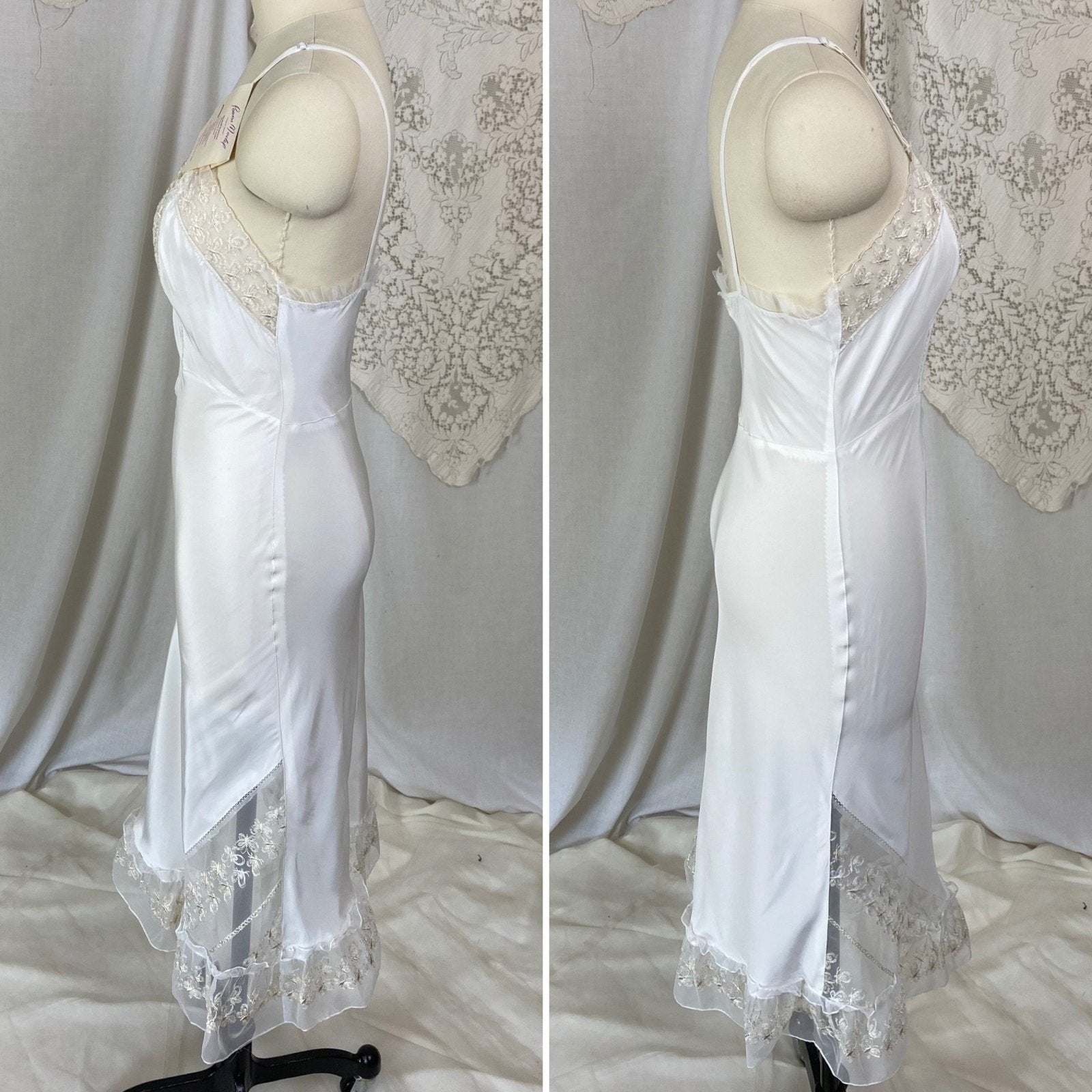 Vintage 1940's Slip | White Rayon with Butterfly Embroidered Chiffon & Ruffles | Size XS | Powers Mode New with Tags - Daggers & Dames
