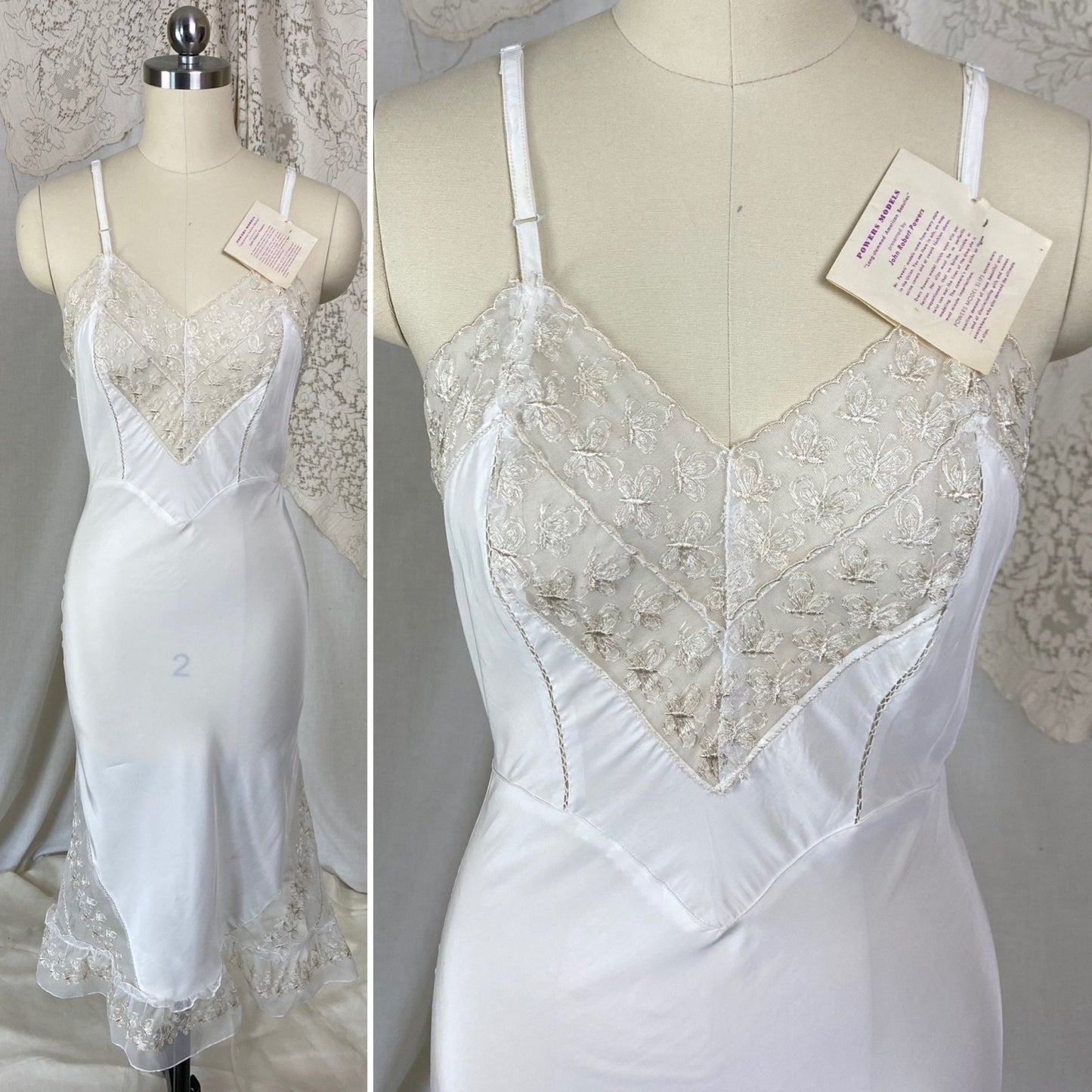 Vintage 1940's Slip | White Rayon with Butterfly Embroidered Chiffon & Ruffles | Size XS | Powers Mode New with Tags - Daggers & Dames