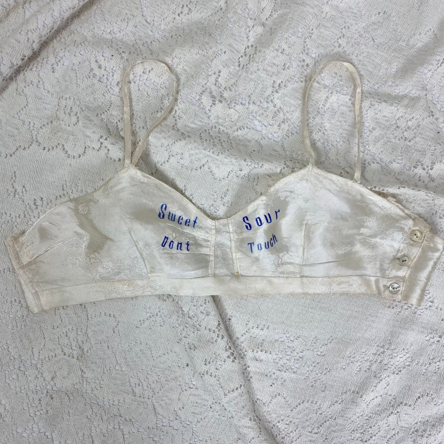 Vintage 1940's Souvenir Bralette & Panty Lingerie Set | Silky Ivory Rayon Satin Damask with Don't Touch Novelty Print | Size XS - Daggers & Dames