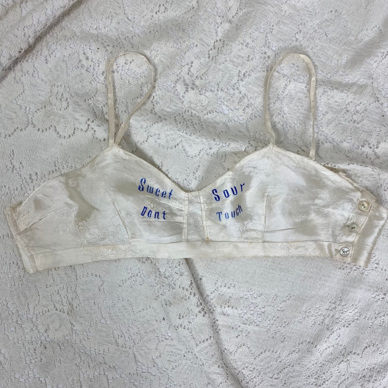Vintage 1940's Souvenir Bralette & Panty Lingerie Set | Silky Ivory Rayon Satin Damask with Don't Touch Novelty Print | Size XS - Daggers & Dames