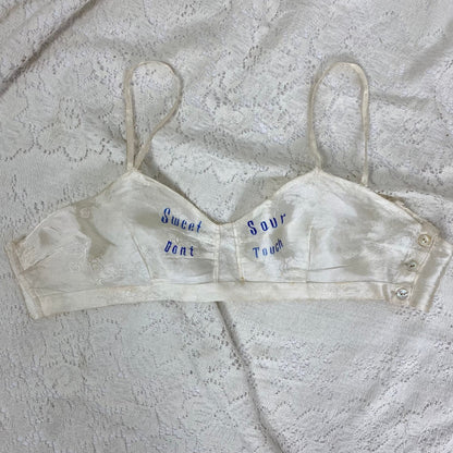 Vintage 1940's Souvenir Bralette & Panty Lingerie Set | Silky Ivory Rayon Satin Damask with Don't Touch Novelty Print | Size XS - Daggers & Dames