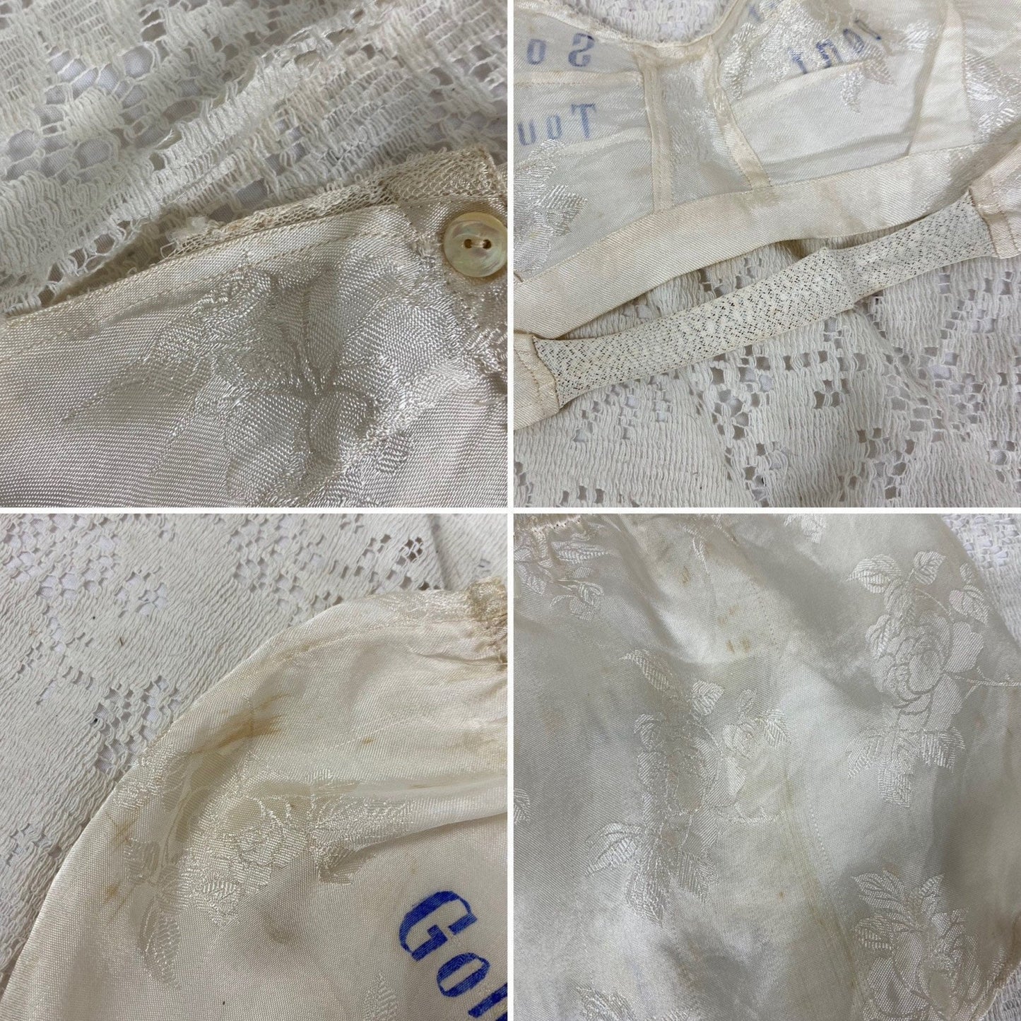Vintage 1940's Souvenir Bralette & Panty Lingerie Set | Silky Ivory Rayon Satin Damask with Don't Touch Novelty Print | Size XS - Daggers & Dames