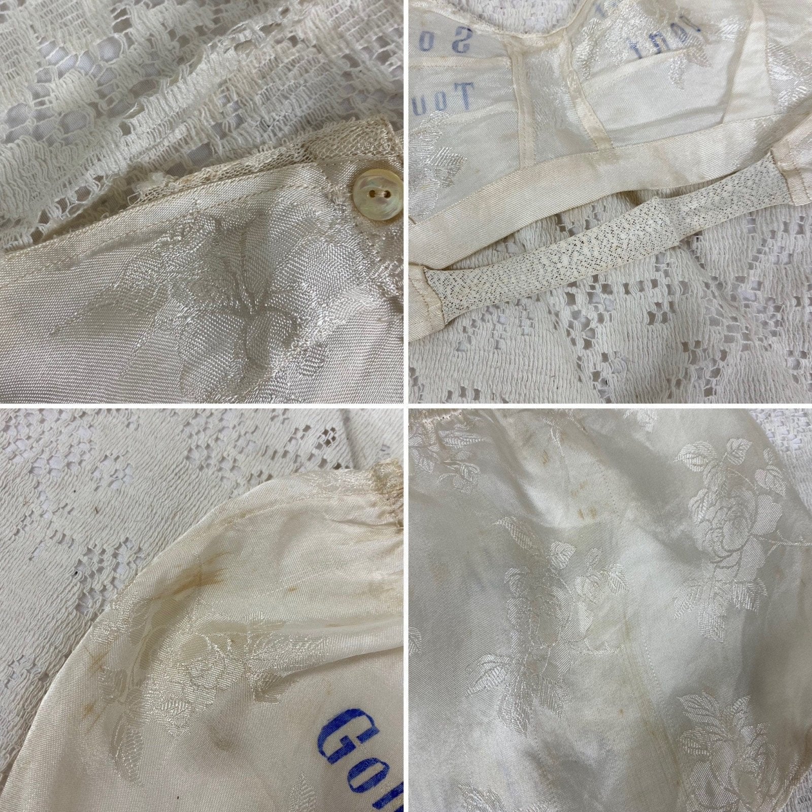 Vintage 1940's Souvenir Bralette & Panty Lingerie Set | Silky Ivory Rayon Satin Damask with Don't Touch Novelty Print | Size XS - Daggers & Dames