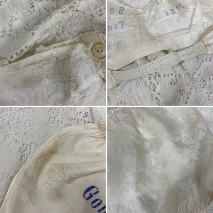 Vintage 1940's Souvenir Bralette & Panty Lingerie Set | Silky Ivory Rayon Satin Damask with Don't Touch Novelty Print | Size XS - Daggers & Dames