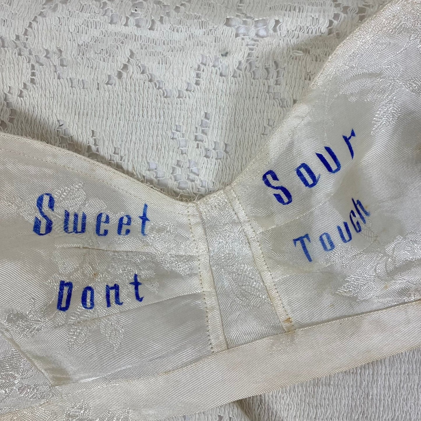 Vintage 1940's Souvenir Bralette & Panty Lingerie Set | Silky Ivory Rayon Satin Damask with Don't Touch Novelty Print | Size XS - Daggers & Dames