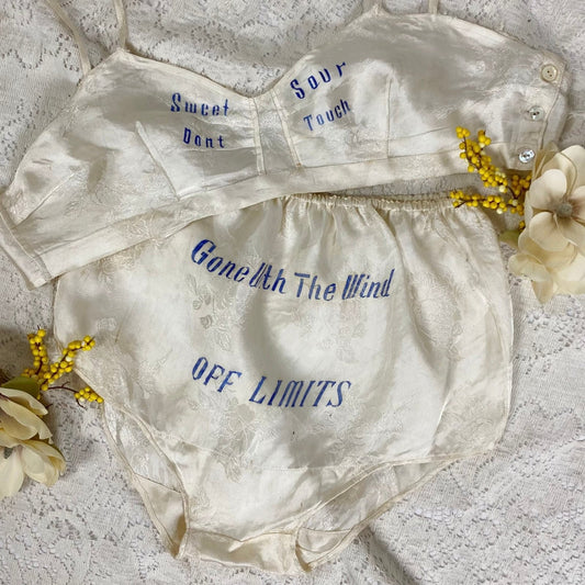 Vintage 1940's Souvenir Bralette & Panty Lingerie Set | Silky Ivory Rayon Satin Damask with Don't Touch Novelty Print | Size XS - Daggers & Dames